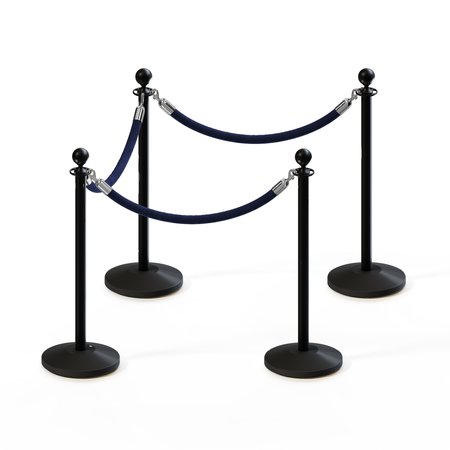 MONTOUR LINE Stanchion Post and Rope Kit Black, 4 Ball Top3 Dark Blue Rope C-Kit-4-BK-BA-3-PVR-DB-PS